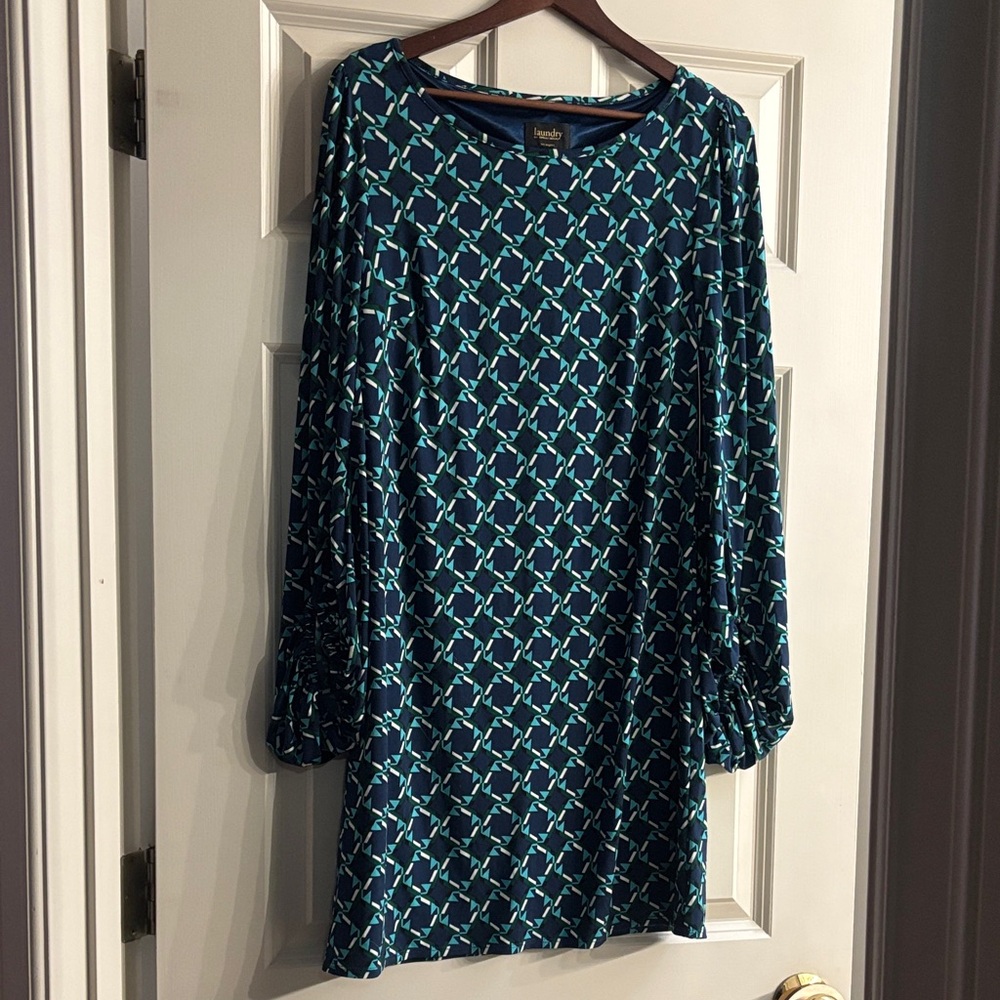 Laundry By Shelli Segal Teal and White Long Sleeve Dress
